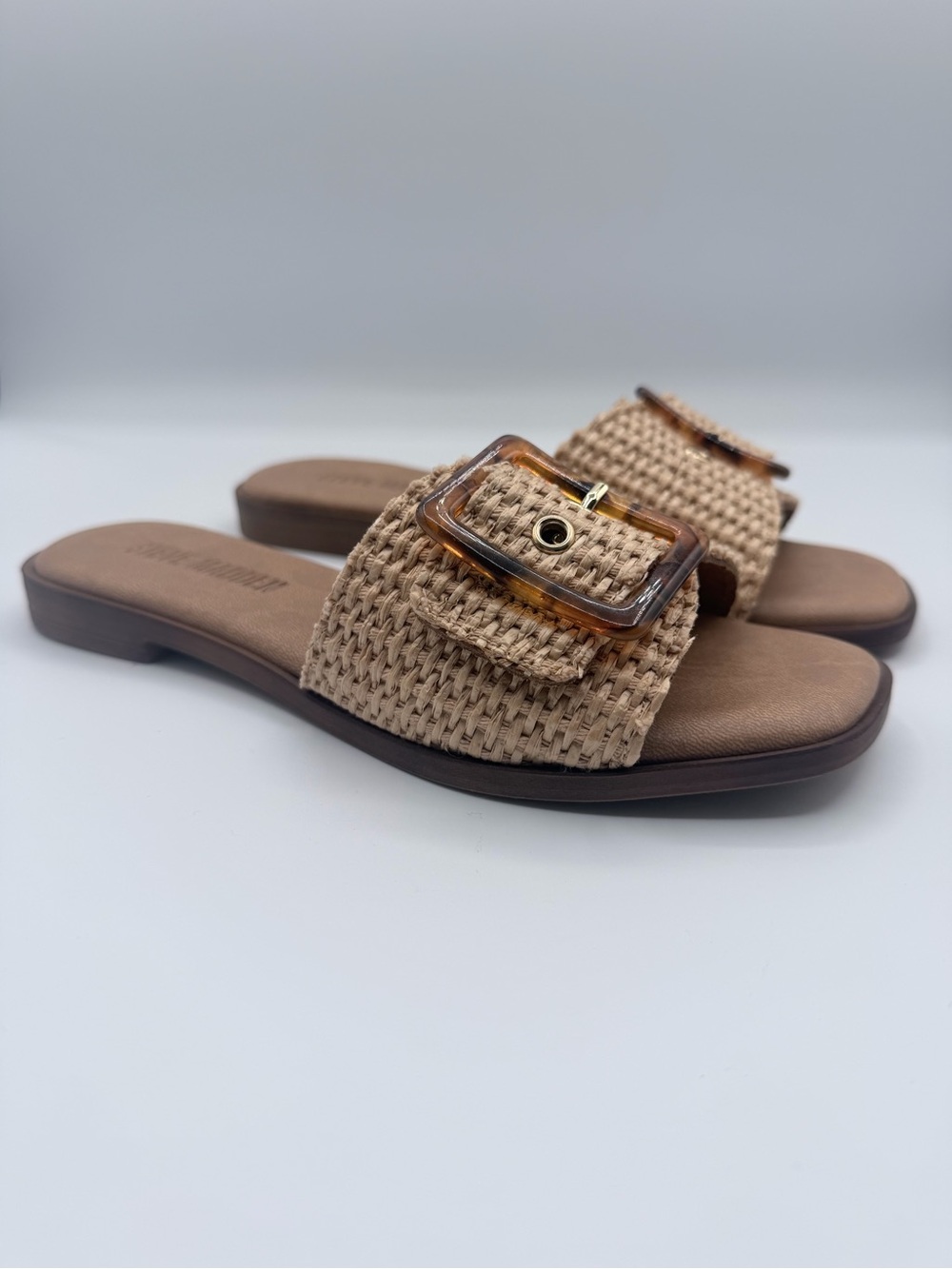 Steve Madden “Happ”  Tan Woven Slide Sandals with Tortoiseshell Buckle